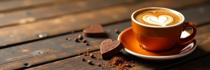 Chocolate with heart-shaped design and spicy orange coffee on wooden table, Valentine's Day, wooden table