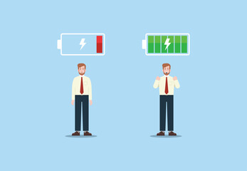Businessman with low energy and full energy. Hard work and full rest. Business concept of human energy. Happy and unhappy. Vector illustration