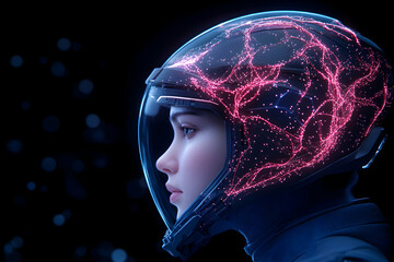 AI face in helmet, pink neural net overlay against dark bokeh background