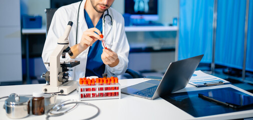Medicine doctor and stethoscope using tablet with icon medical network connection on virtual Modern...