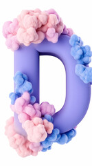 3D letter D with pastel pink and blue clouds