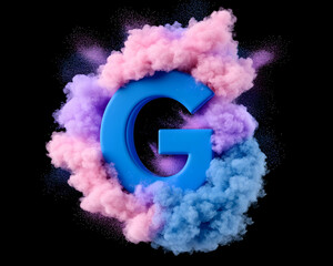 3D letter G in vibrant blue, surrounded by pink and blue powder explosion