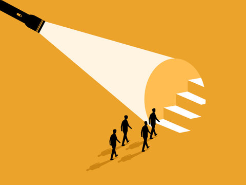 Revealing the path forward, team of businessmen walk along a flashlight to reveal the stairs