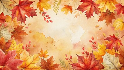 Watercolor Maple Leaf Wreath Panoramic Background - Autumn Fall Design Template