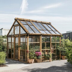 Obraz premium Modern Bamboo Greenhouse in Garden Setting