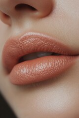 Fototapeta premium Sensual Lips: A close-up portrait unveils perfectly sculpted lips, painted with a smooth, natural-toned lipstick, epitomizing beauty and allure.