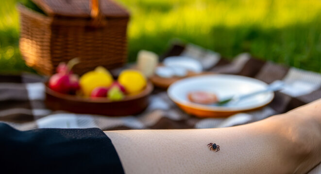 Close-up of a tick crawling on a leg during a summer picnic &ndash; outdoor insect danger