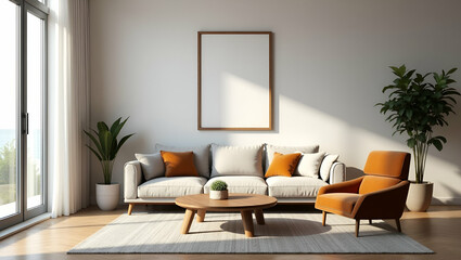 Cozy and Stylish Living Room Interior Design: Sofa Chair and Picture Frame on Wall with Empty Space for Personal Touch - Perfect Photo Stock Concept