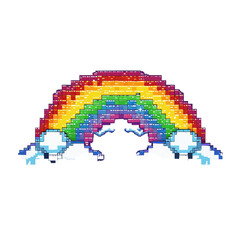 Pixel art rainbow with clouds and blue sky in retro style.