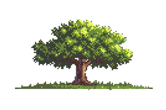 Vibrant pixel art tree with lush green leaves and sturdy trunk on grass.