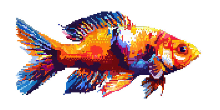 Colorful pixel art goldfish with vibrant patterns and dynamic design.