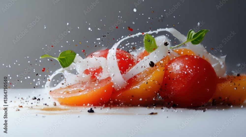 Poster Close-up of tomato salad with onion and herbs on white surface with spice sprinkles