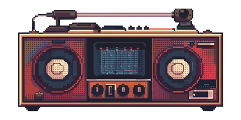 Vintage 8-bit boombox illustration with speakers and control knobs.