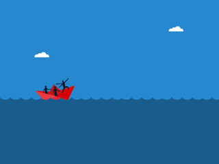 Businessman leader sails boat through the obstacles of the sea waves