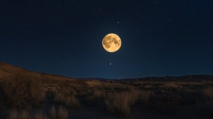 Fototapeta premium Desert night, full moon, starry sky, landscape, serenity