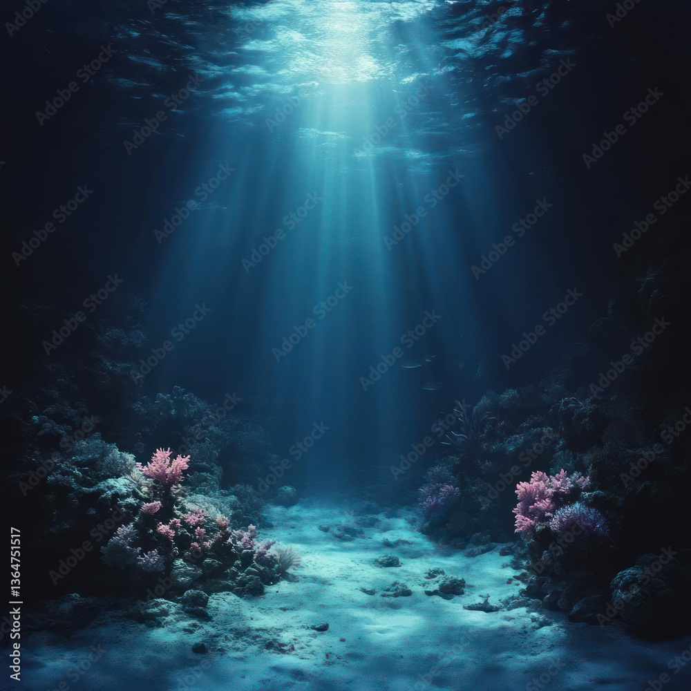 Poster Sunlight Beams Through Underwater Scene with Coral Reefs and Sandy Floor Creating a Mysterious Atmosphere