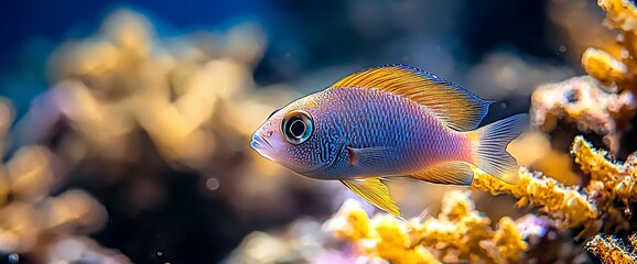 Obraz premium Colorful fish swims near coral reef. Underwater scene