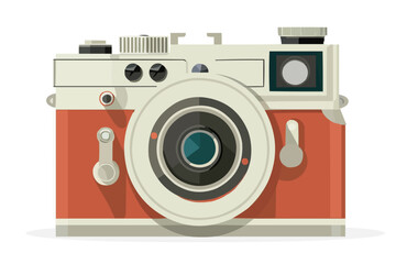 Vintage red camera with large lens and retro design elements.