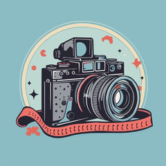 Obraz premium Vintage film camera with red strap and retro design elements.