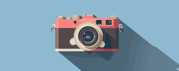 Retro red camera on blue background with long shadow in flat design style.