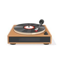 Retro wooden turntable with vinyl record and tonearm on white background.