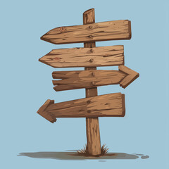 Fototapeta premium Wooden direction signs pointing in various directions against blue background.