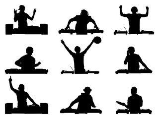 Set of Disc Jockey Man Silhouette in various poses isolated on white background