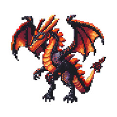 Pixel art fire dragon with spread wings and fiery scales.