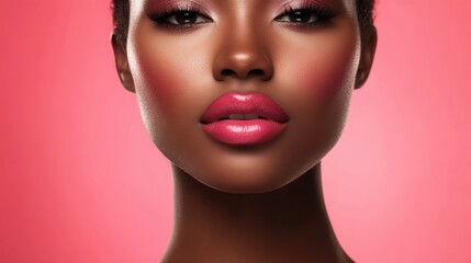 Fototapeta premium Radiant Beauty in Pink Hues: A captivating close-up of a woman's face, where rosy tones blend harmoniously with her striking features, exuding confidence and charm. 