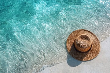 Woven straw sun hat on pristine white sand with turquoise waters