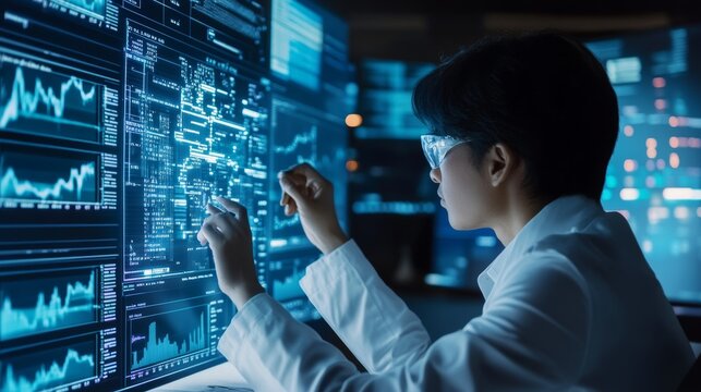 A data scientist developing predictive algorithms for stock market forecasting, high-tech lab with real-time financial data analysis and algorithm testing, Scientific style