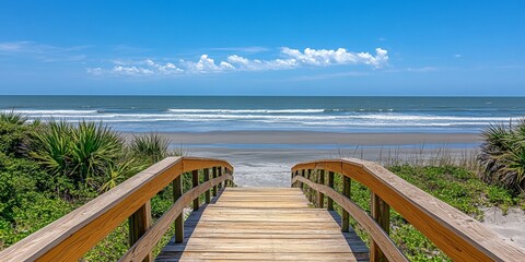 Obraz premium Scenic Wooden Boardwalk Leading to a Serene Beach, Offering Breathtaking Ocean Views on a Sunny Day