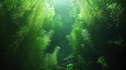 Obraz premium Underwater aquatic plants, sunlight, dark depths