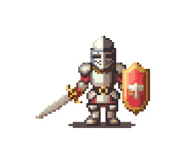 Pixel art knight in armor with shield and sword on white background.