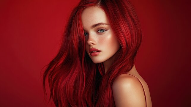 Ruby Radiance: A stunning woman with long, vibrant ruby hair strikes a captivating pose, radiating beauty and confidence with her elegant makeup.