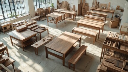 Sunlit woodworking studio with crafted wooden tables ready for business, showcasing artisanship and craftsmanship.