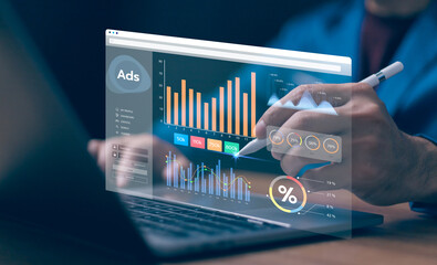 Digital marketing commerce online sale concept, online advertisement, ad on website and social media. Businessman using laptop with Ads dashboard digital marketing strategy analysis for branding.