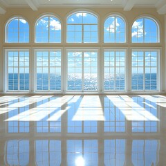 A sunlit room features large windows overlooking the ocean and sky