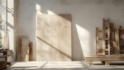 Sunlit workshop with stacked wood panels and beams in a minimalist industrial setting.