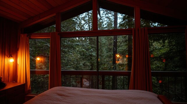Cozy bedroom with warm light and a view of dense trees through the expansive window