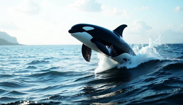 Orcinus orca jumping in a sea