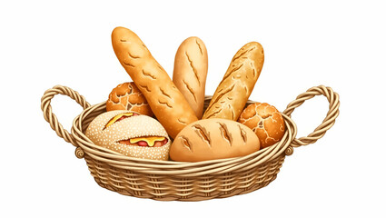 Artistic Watercolor Illustration of a Rustic Basket Filled with Assorted Artisan Breads - Perfect for Bakery Products and Kitchen Charm in Stock Photo Concept