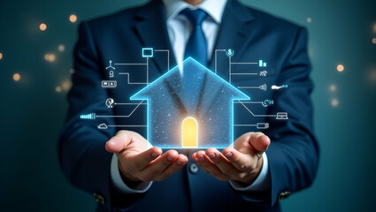 Centralized Smart Living: Individual with Smart Home Hub & Tech Overlay