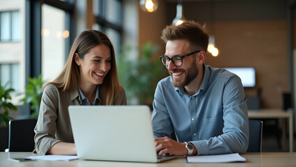 Flat Vector Illustration of Happy Businesspeople Collaborating with Laptops
