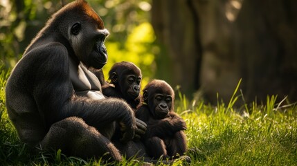 Naklejka premium Gorilla Family in Grassy Meadow