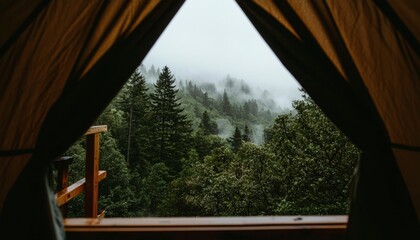 Fototapeta premium Foggy forest vista framed by a tent opening, with lush greenery and a moody, atmospheric feel