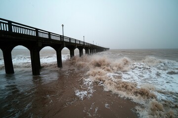 Pier extends into choppy, brown sea under a cloudy sky, waves crashing. Rough weather