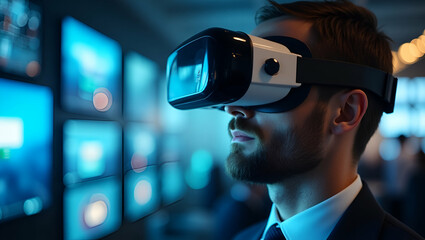 Flat Man wearing VR glasses virtual global internet connection metaverse new experience virtual world metaverse technology innovation futuristic concept as Man experiencing new virtual world through V