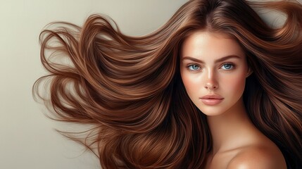 Naklejka premium Radiant Hair: A stunning woman, her long, flowing hair, embodying vitality, confidence and grace. The texture of the locks cascades beautifully, capturing the essence of hair beauty.