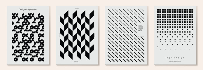 Abstract monochrome gradient poster background vector set. Modern cover template with black and white perspective geometric prism shape, halftone dot. Ideal design for social media, banner, ads.